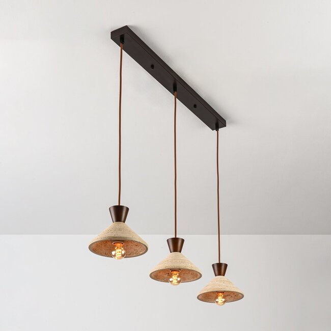 3-light Japandi pendant light Mara made of travertine (natural stone) and wood
