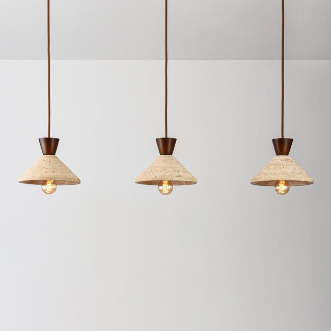 3-light Japandi pendant light Mara made of travertine (natural stone) and wood
