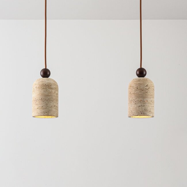 Japandi Voro pendant light made of travertine (natural stone) and wood, 2 lights