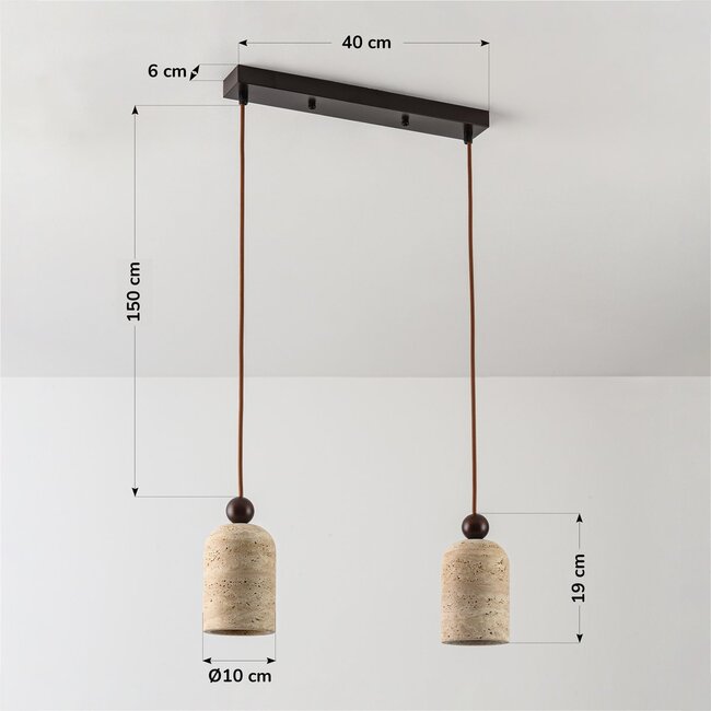 Japandi Voro pendant light made of travertine (natural stone) and wood, 2 lights