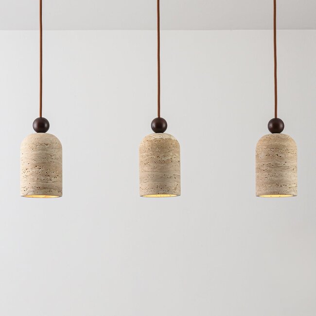 3-light Japandi pendant light Voro made of travertine (natural stone) and wood