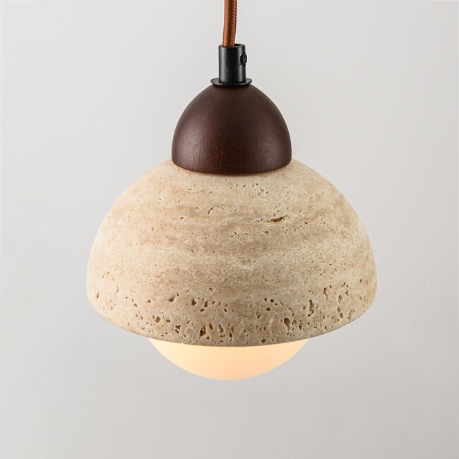 Pendant light Vado made of travertine (natural stone), wood and opal white glass