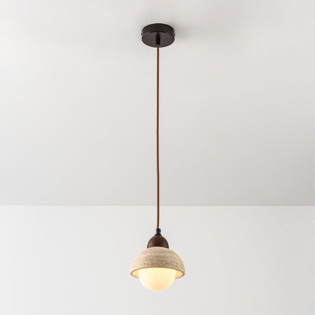 pendant light Vado - travertine (natural stone), wood and opal white glass