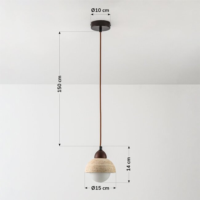 pendant light Vado - travertine (natural stone), wood and opal white glass
