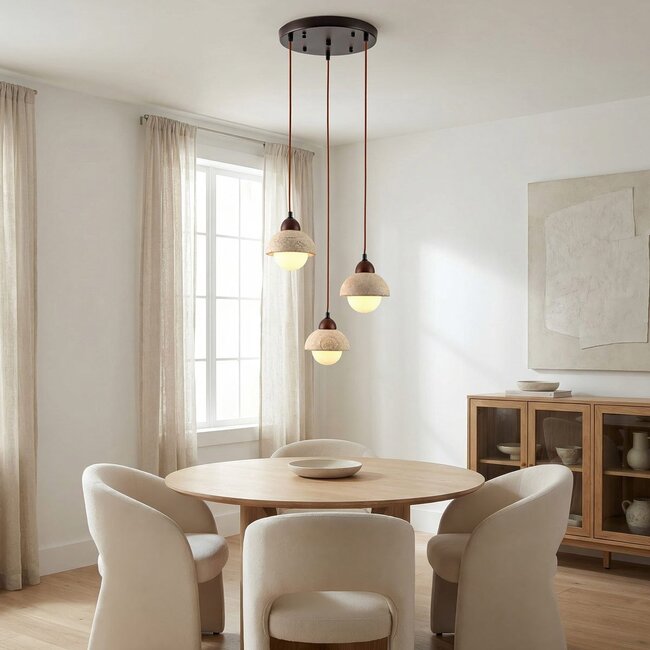 Japandi Vado pendant light made of travertine (natural stone), wood and glass, 3-light