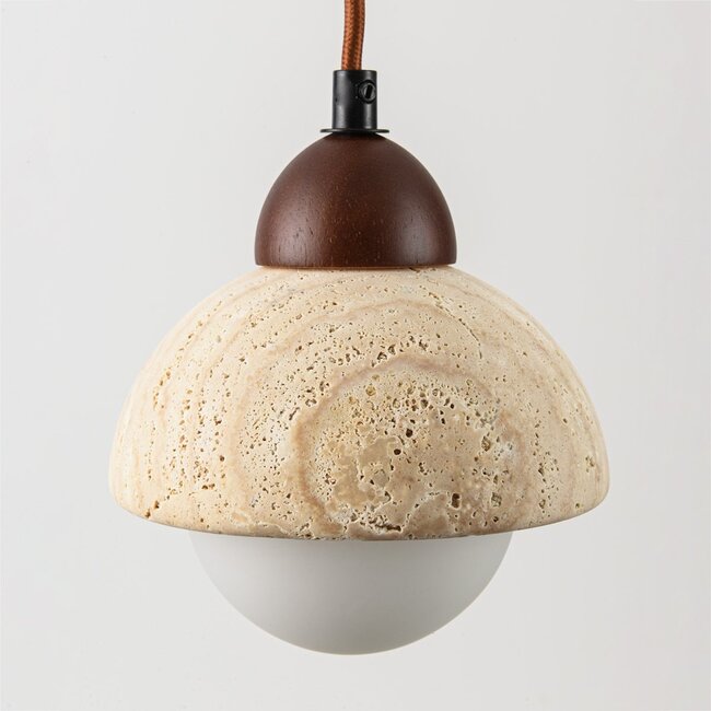 Japandi Vado pendant light made of travertine (natural stone), wood and glass, 3-light