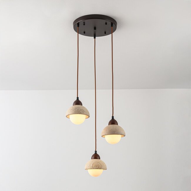 Japandi Vado pendant light made of travertine (natural stone), wood and glass, 3-light
