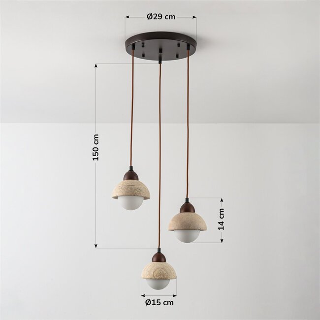 3-light pendant light Vado - travertine (natural stone) and glass, round