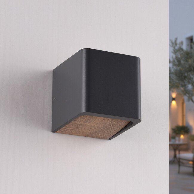 Modern Timber wall light in dark grey with wood effect - up & downlight