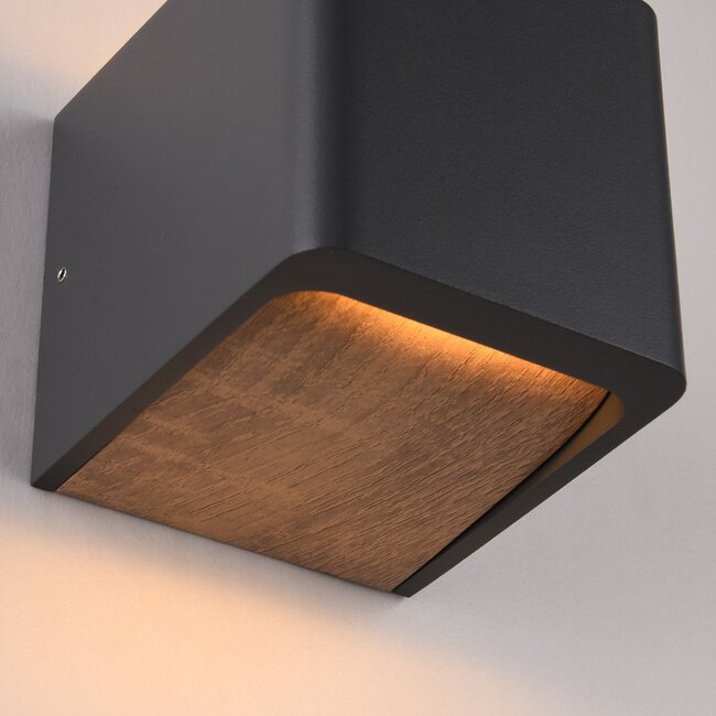 Modern Timber wall light in dark grey with wood effect - up & downlight