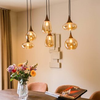 Pendant lamp with Amber glass and dark wood effect, 6-light - Loic