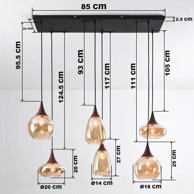 Pendant lamp with Amber glass and dark wood effect, 6-light - Loic