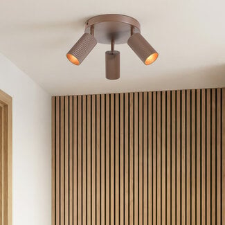 Round ceiling lamp Blaze with 3 adjustable spotlights, ribbed brown