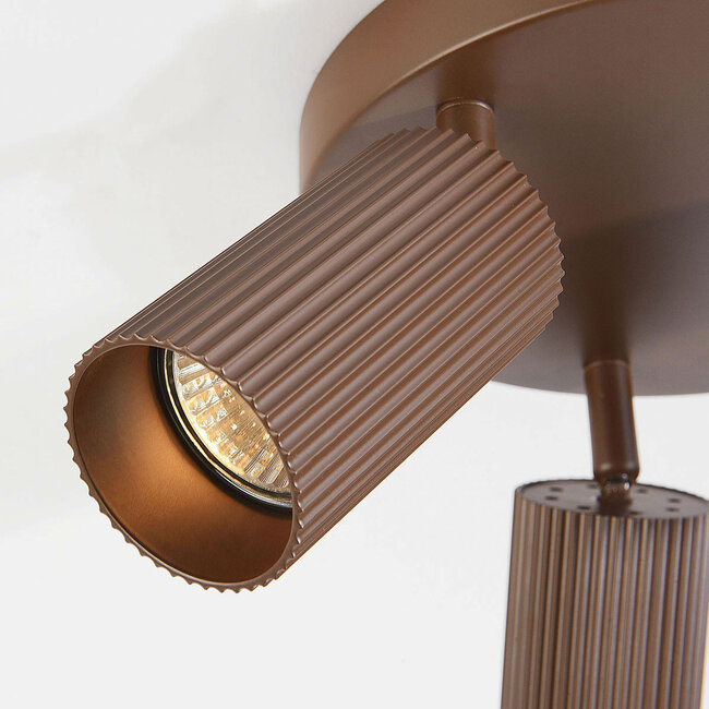 Round ceiling lamp Blaze with 3 adjustable spotlights, ribbed brown