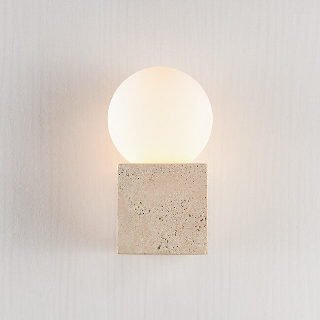 Square travertine wall light and opal white glass - Marno