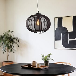 Pendant light with open metal shade and black linen - Lofas