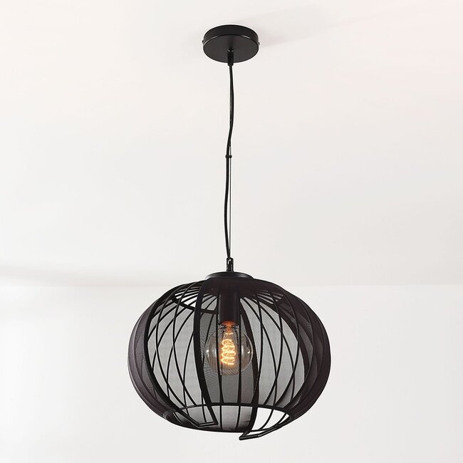Lofas pendant light with open metal shade and black fabric