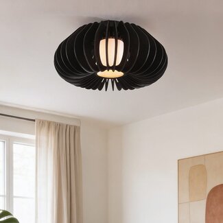 Wooden ceiling light with black slats, open round shape and diffuser - Roia