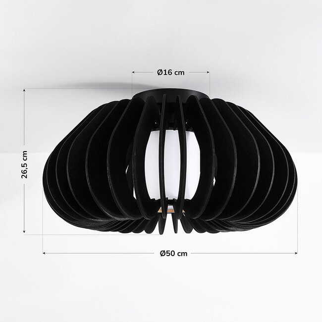 Wood ceiling light Roia with black slats, open round shape and diffuser