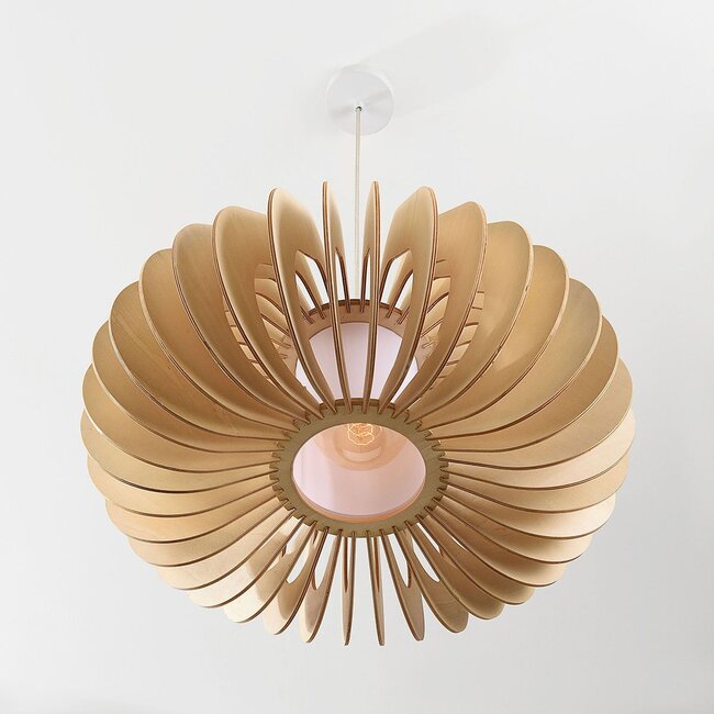 Pendant light Rorka with wooden slats, open round shape and diffuser