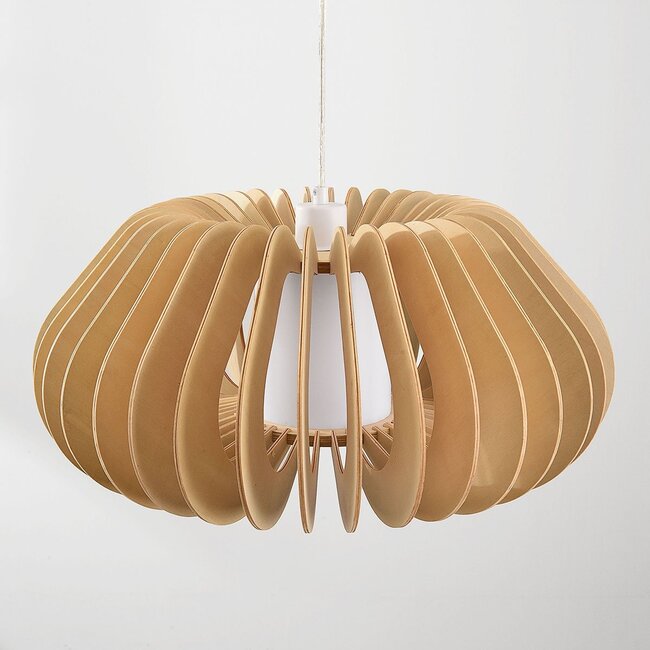 Pendant light Rorka with wooden slats, open round shape and diffuser