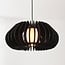 Wood pendant light Rorka with black slats, open round shape and diffuser