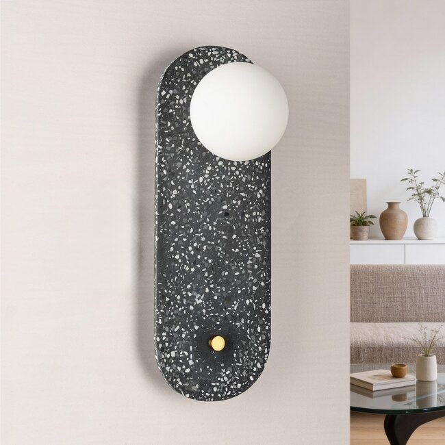 Wall light made of cement and opal white glass with a dark grey terrazzo look - Vero
