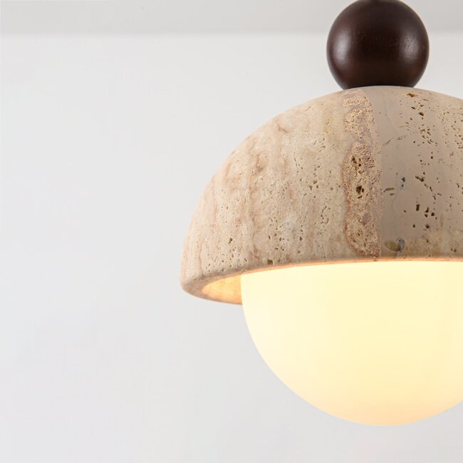 3-light pendant lamp Vara made of travertine (natural stone), wood and opal white glass