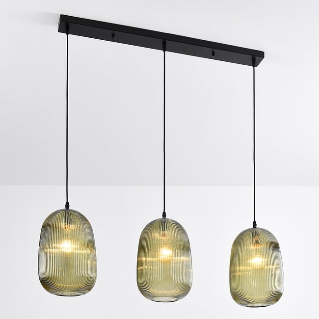 3-light pendant light Elisa in ribbed glass - green