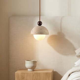 Pendant light Vara made of travertine (natural stone), wood and opal white glass