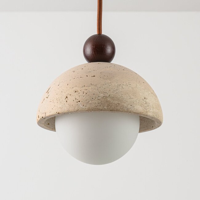 pendant light Vara - travertine (natural stone), wood and milk-white glass