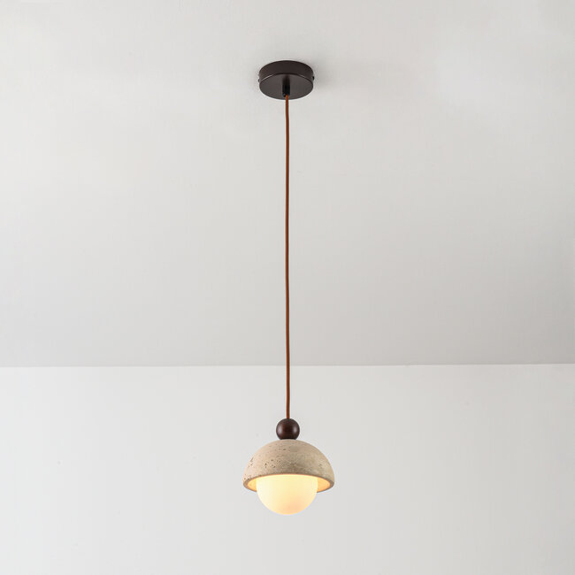 pendant light Vara - travertine (natural stone), wood and milk-white glass