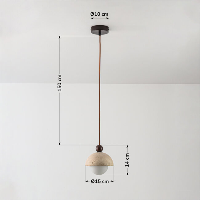 Pendant light Vara made of travertine (natural stone), wood and opal white glass