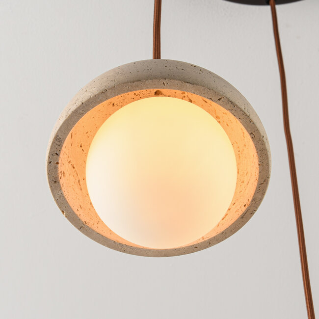 Modern pendant light made of travertine (natural stone), wood and opal white glass, 3-light - Vara