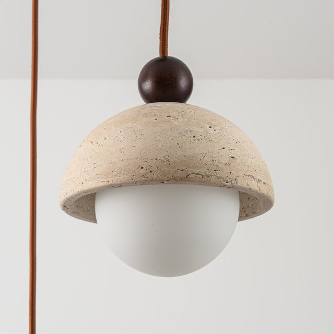 3-light pendant light Vara - travertine (natural stone) and opal white glass, round