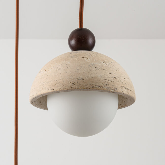 Modern pendant light made of travertine (natural stone), wood and opal white glass, 3-light - Vara