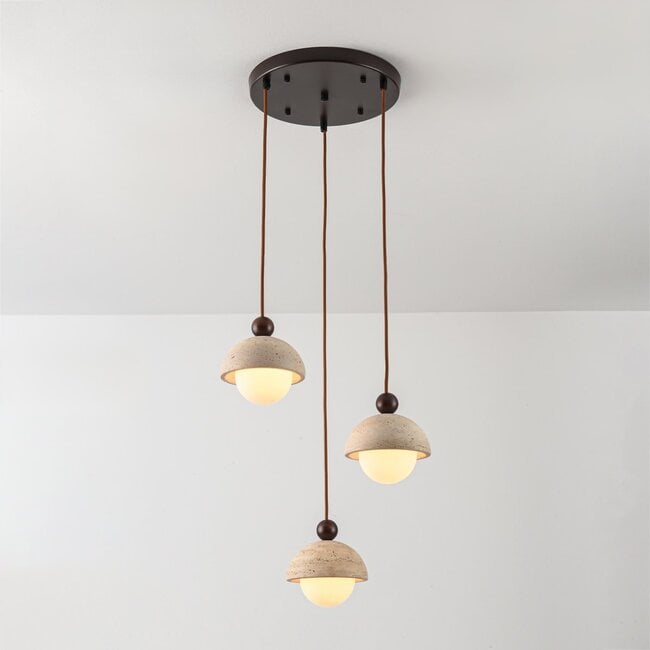 3-light pendant light Vara - travertine (natural stone) and opal white glass, round