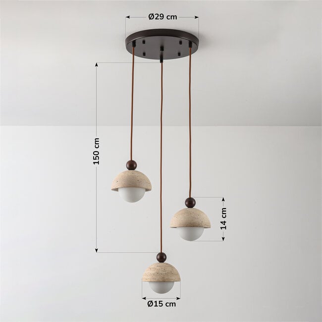 3-light pendant light Vara - travertine (natural stone) and opal white glass, round