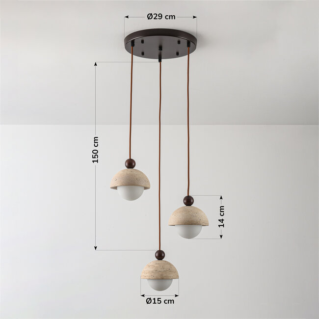 Modern pendant light made of travertine (natural stone), wood and opal white glass, 3-light - Vara