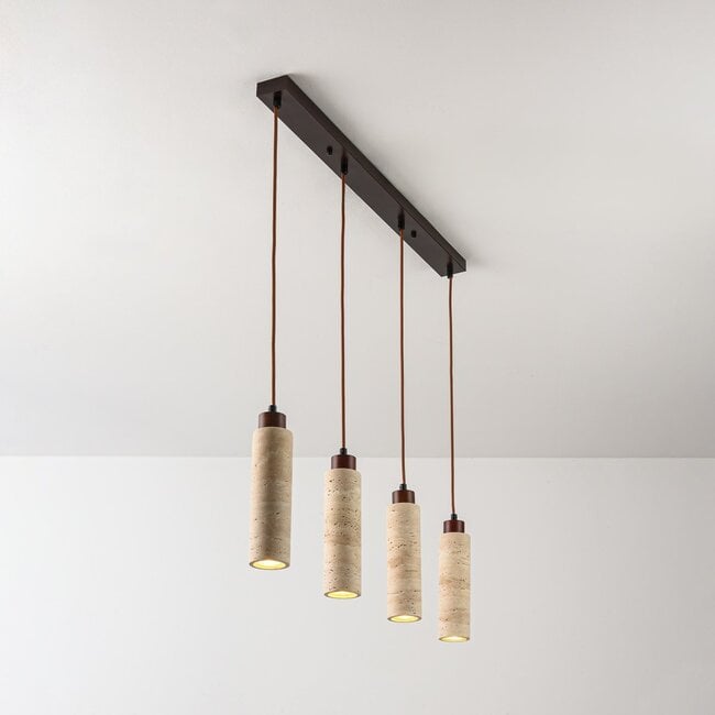 4-light pendant light Oreno - travertine (natural stone) and wood, including light source