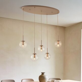 Modern Alea pendant light in beige with transparent glass spheres, 5 lights