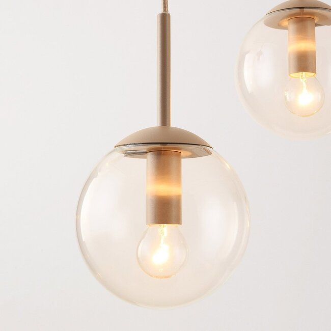 Modern Alea pendant light in beige with transparent glass spheres, 5 lights