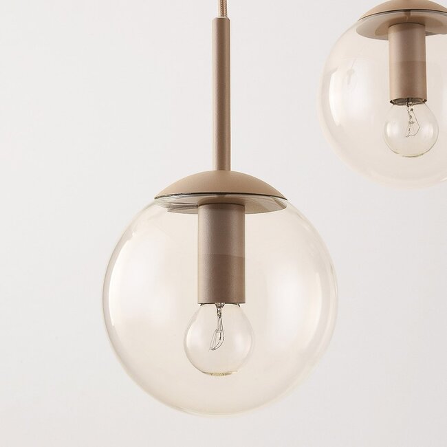 Modern Alea pendant light in beige with transparent glass spheres, 5 lights