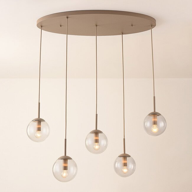 Modern Alea pendant light in beige with transparent glass spheres, 5 lights
