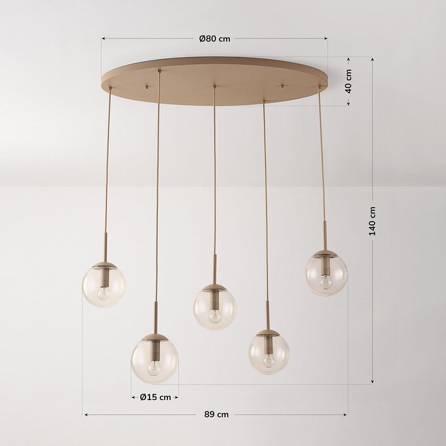 Modern Alea pendant light in beige with transparent glass spheres, 5 lights