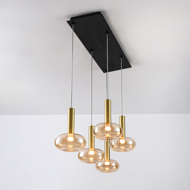 5-light pendant light Valira - amber glass with gold details, remote control and dimmable