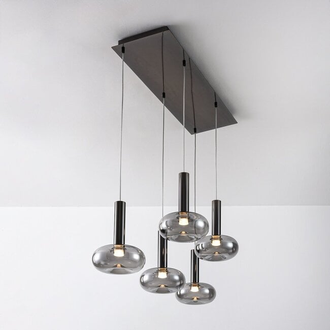 5-light pendant light Valira - black chrome with smoked glass, remote control and dimmable