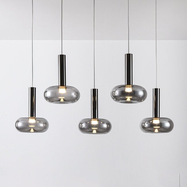 5-light pendant light Valira - black chrome with smoked glass, remote control and dimmable