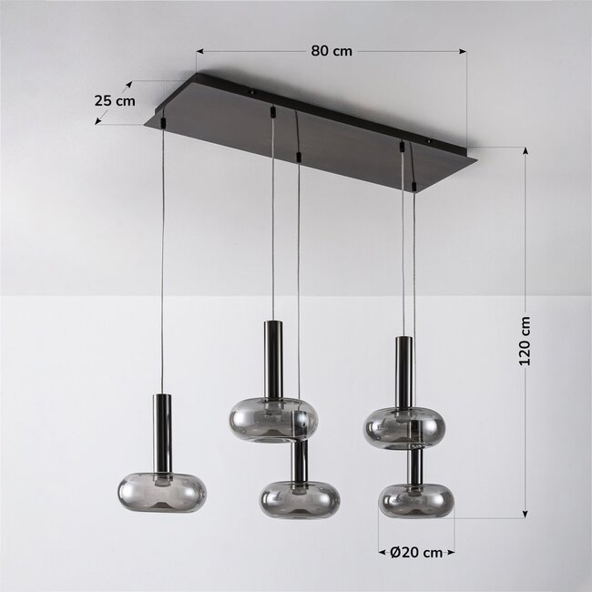5-light pendant light Valira - black chrome with smoked glass, remote control and dimmable