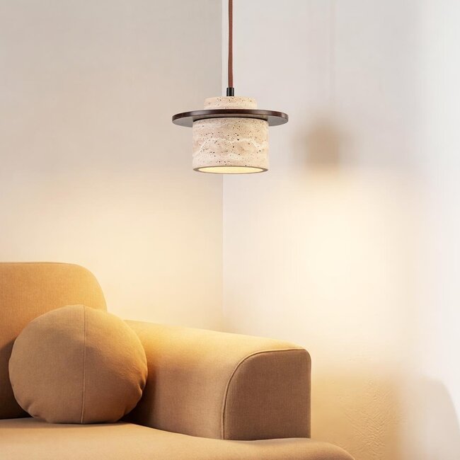 Japandi pendant light made of travertine (natural stone) and wood - Travano